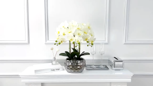 Elegant Faux Orchid Floral Arrangement in Silver Vase for Home Decor