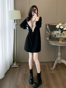 Elegant French Style V-Neck Black Dress Womens Spring Autumn Loose Straight Slimming Midi Skirt Long Sleeve Floral Embroidery