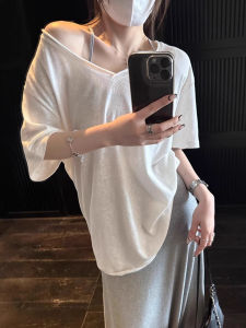 Áo Thun Tay Ngắn Cổ Chữ V Màu Trắng Tuyết Cotton Gấp Gọn Mùa Hè Rộng Rãi Nửa Tay Áo Không Tay Áo Nữ
