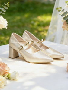 Josiny | New Summer Mary Jane Champagne Chunky Heel Pointed Toe High Heels