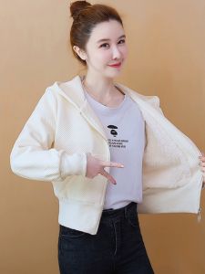 Womens Short Baseball Jacket Loose Fit Thickened Warm Coat Casual Style Zipper Closure Long Sleeve Hooded Pure Color Outerwear