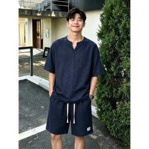 OUMULONG | Bộ Quần Short Tay Ngắn Cổ V Phong Cách Retro Màu Khaki từ Linen và Lyocell cho Mùa Hè