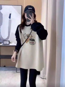 เสื้อยืดแขนยาวผู้หญิงผ้าฝ้ายแท้ ฤดูใบไม้ร่วง/ฤดูหนาว เสื้อชั้นในยาวปานกลาง เสื้อเชิ้ตสีพื้นลายฉลาม เสื้อผ้าทำงานสไตล์เกาหลี ทรงหลวม