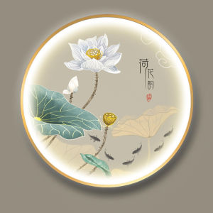 New Chinese Style round Entrance Wall Art with Light Corridor Background Zen Lotus LED Illuminated Wall Hanging Painting