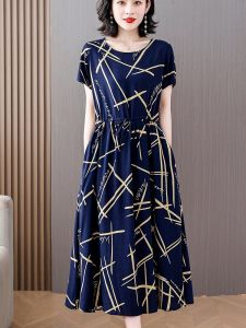 ชุดเดรสผ้าไหมคอตตอนแฟชั่นฤดูร้อนสำหรับผู้หญิง กระโปรงทรงเอเอวสูง แขนสั้น ปกกลม กระโปรงยาวปานกลาง ชุดทำงาน