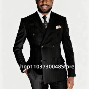 Bộ Vest Nam Hai Mảnh Kẻ Sọc Đen Kiểu Dáng Ôm Sát Ve Nhọn Cài Đôi Thích Hợp Cho Đám Cưới Chú Rể Công Việc Trang Trọng Và Thường Ngày.