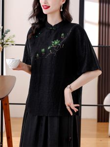 New Chinese Style Embroidered Shirt Womens Stand Collar Button up High Quality Top Velvet Material Batwing Sleeve Tunic