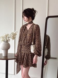 XIMANER Spring Summer French Style Leopard Print Draped Waist Dress Three Piece Set Elegant Ladylike Long Sleeve V Neck Gown
