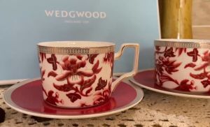 Wedgwood Red Hibiscus Bone China Coffee Cup Set with Matching Saucer - Elegant Red Floral Drinkware for Christmas