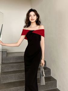 ชุดราตรีไหล่เดียวหรูหราสำหรับผู้หญิง ชุดแต่งงานแบบเกาะอก ชุดยาวคลุมเข่า ชุดเสื้อผ้าทำงาน ชุดราตรียาวสีตัดกัน