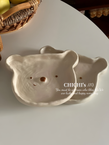 Cute Cartoon Bear Ceramic Dessert Plate Hand-Painted Underglaze Fruit Dish Creative Home Use Dinnerware Shallow Bowl