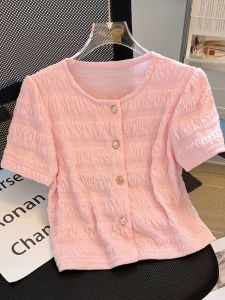 Áo Sơ Mi Nữ Tay Ngắn Kiểu Pháp Họa Tiết Bong Bóng Cổ Tròn Thanh Lịch Mùa Hè 2025 Phong Cách Mới Áo Thun Dài Thường Ngày