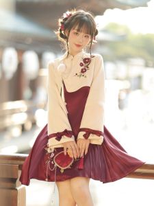 Original Designer Gift New Chinese Style Tea Olive Date Ladies Dress Embroidered High Waist A-Line Skirt Long Sleeve Short Dress