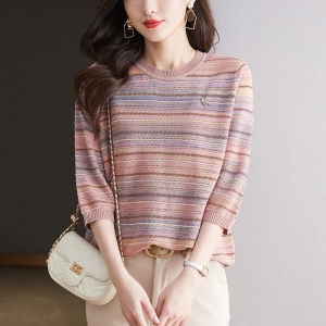 เสื้อถักคอตตอนผู้หญิงหลวมๆ บางๆ แขนยาวเจ็ดส่วน ทรงหลวมๆ ลายทาง เสื้อชั้นในฤดูใบไม้ร่วงและฤดูใบไม้ผลิ