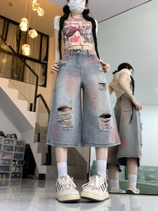 QIANCHANGNAAI | Vintage Americana Design Washed Out Loose Capri Jeans