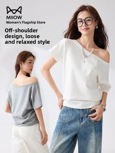 miiow | Shoulder Bared Short Sleeve T-Shirt Comfortable Cotton Feel Loose Slimming Summer Thin One Shoulder Design Cool Style Pure Color