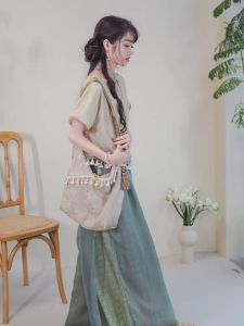 New Chinese Style Song Dynasty Wide Leg Pants Office Wear Girls Traditional Hanfu Top Bottoms Set Poly Fiber Spring 2024