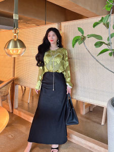 YANGXIAOJING Chinese Style Silk Embroidered Loose Long Sleeve Womens Shirt Skirt Set Breathable Comfortable Autumn Fashion