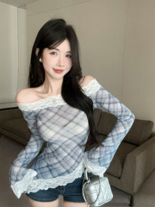 GUZILIAN | Long Sleeve T-Shirt Women Spring Summer Lace Patchwork Slimming Plaid Design Korean Style Bell Sleeve One Piece Pear Shape Fit