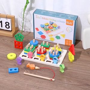 Montessori Toys Wooden Sorting Stacking & Magnetic Fishing Game 2-in-1 Toys Toddlers Boys Girls Color Recognition Stacker Shape Sorter