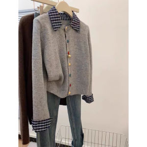 เสื้อสเวตเตอร์คาร์ดิแกนถักแบบหนาสำหรับผู้หญิงในฤดูหนาว สีเทา ทรง POLO ปกโปโล สไตล์เกาหลี เสื้อผ้าทำงาน