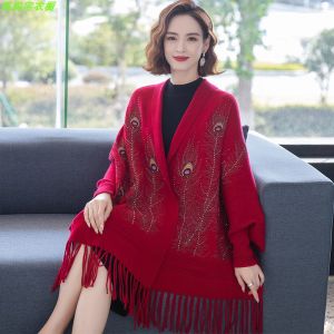Wedding Thickened Woolen Shawl for Mom Cheongsam Coat Autumn Winter Cowl Neck Wrap Warm Outerwear Scarf Ethnic Style Long Rectangle