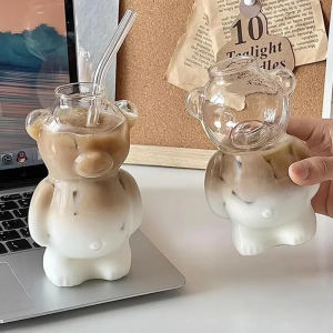 Cartoon Bear Shaped Coffee Mug Cute Bear Mug Glass Cup With Straw Transparent Creative Milk Coffee Water Cups
