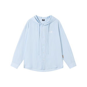 FORNINES | Blue Vertical Stripes Loose Hooded Long Sleeve Shirt