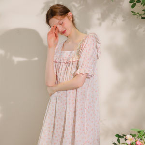 XEXZ | Pure Cotton Floral Embroidery Short Sleeve Sleepwear Womens Summer New Style French Court Style Print Nightgown Comfortable