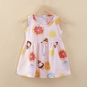 ชุดเดรสผ้าไหมคอตตอนลายดอกไม้สำหรับเด็กผู้หญิงในฤดูร้อน เสื้อผ้าเด็กผู้หญิงสไตล์เกาหลี กระโปรงสั้น แขนกุด ระบายอากาศได้ดี ระบายความชื้น