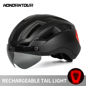 HONORTOUR Adult Bicycle Helmet LED Tail Light Lightweight Breathable All-in-one Outdoor Road Mountain Goggles Riding Helmet