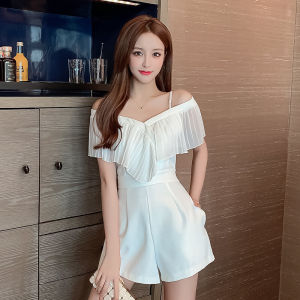 High-Waist Slimming Chiffon Jumpsuit Shorts Set for Women Summer Style One-Shoulder Harness Work Clothing Casual Pants