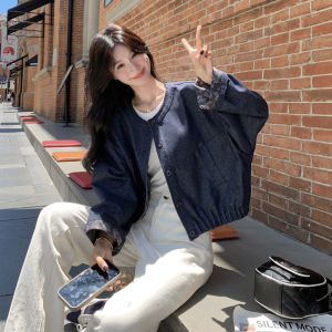 Slimming Short Jacket Womens Fashionable Retro Casual Loose Fit Coat Dark Blue High Waist Effect Autumn New Style Ladies Coat