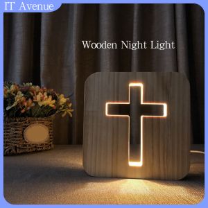 Desktop 3D Wooden Cross USB LED Night Light Table Lamp Home Decoration Gift