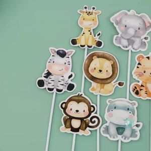 GeeParty 7pcs/set Cute Jungle Safari Animals Cake Topper for Safari Theme Birthday Party Decorations