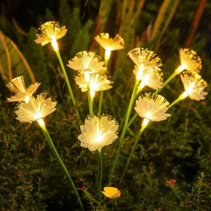 1PC 6-Head Solar Powered White Fiber Flower Garden Light Outdoor Floor Mounted Lawn Light Used for Courtyard Party Decoration