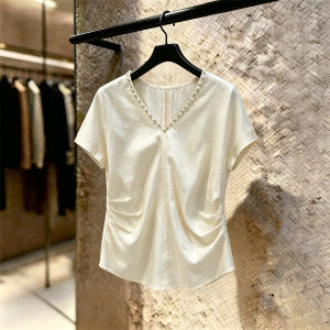 SHUAIYUE | Áo Thun Tay Ngắn V-Neck Cổ Beaded Giảm Cân Pháp