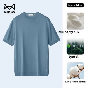 MiiOW | Mens Round Neck Short Sleeve T-Shirt Silk Lycocell Summer Thin Breathable Comfortable Fit Standard Style Cotton Nylon Blend
