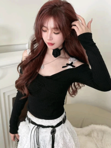 Áo Thun Dài Tay Ren Kiểu Pháp Một Bên Vai Cho Nữ Mùa Thu Đông Nhỏ Hở Xương Đòn Dệt Kim Thời Trang Áo Thun Dài Tay