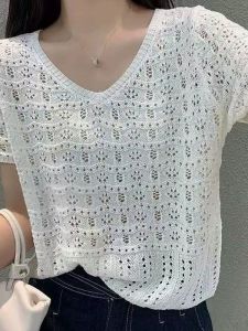 Icy Silk V-Neck Knitted Short Sleeve T-Shirt Summer Tops