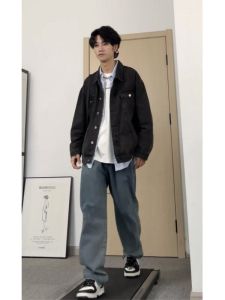 Daxiong Small Sized Mans Wear Retro Straight-leg Denim Male Loose Drawstring Elastic Waist Pants [Same Video Style]]