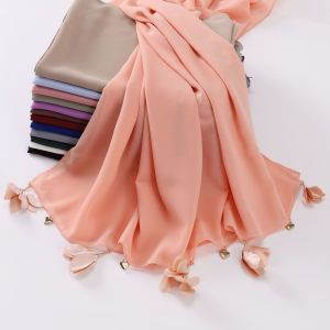 Jifang Plain Bubble Chiffon Pashmina Shawl with Flower Hearts Tassels Head Scarf Muslim Hijabs Shawls WC11