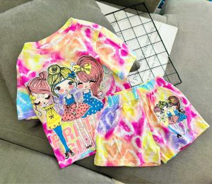 (11-40kg) đồ bộ bé gái - thun coton loang xuất tay ngắn quần đùi hình in siêu cưng -1011