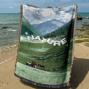 Cuckoo Light Luxury Sense NATURE Grassland Cotton Thread Tapestry Sofa Pad Cover Blanket Nordic Green Landscape Blanket