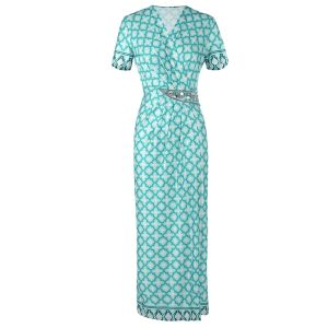 MY TENO | ชุดเดรสคอวีพิมพ์ลายสีเขียวสไตล์ฝรั่งเศส ทรงเข้ารูป แขนสั้น ทรงเอ กระโปรงทรงเอ ทรงเข้ารูป ฤดูร้อน 2025 ชุดเดรสสตรี