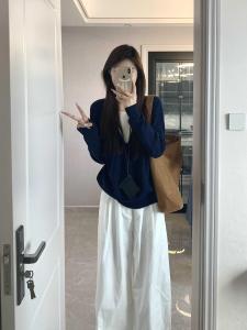 Korean Style Loose Fit Long Sleeve Blue Knitted Sweater Womens Early Autumn Lazy Style Fake Two-Piece V-neck Top