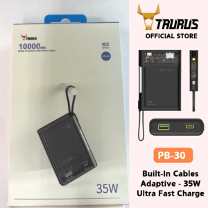 TAURUS PB30 Power Bank 10000mAH - High Speed Portable Charger | 35W Adaptive Charging with Built In Cables