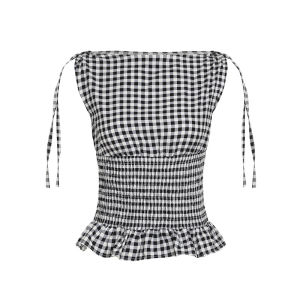 Plaid Lace up Straight Neck Vest Retro Style Womens Short Sleeve Top with Bow Tie Waist Cinching Striped Patterned Vest