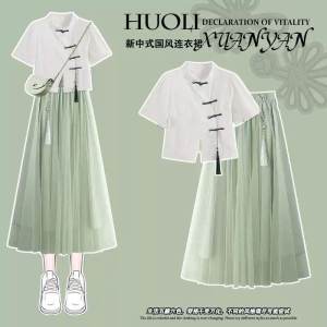New Chinese Style Green Dress Womens Summer 2024 New Arrival Mint Preppy Style Dopamine Wear A- line Skirt