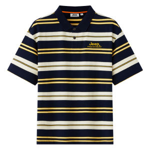 Jeep | Jeep Pure Cotton Mens Polo Shirt Summer New Loose Casual Short Sleeve Skin-friendly Breathable Striped T-shirt For Outdoor Activities